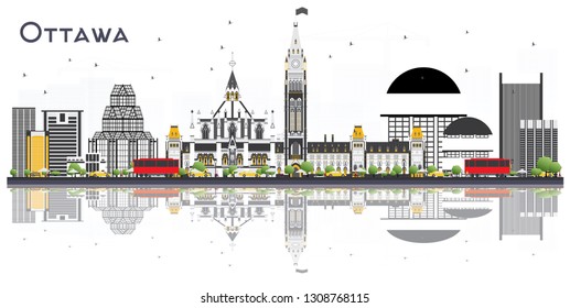 Ottawa Canada City Skyline with Gray Buildings and Reflections Isolated on White Background. Vector Illustration. Tourism Concept with Modern Buildings. Ottawa Cityscape with Landmarks.