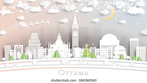 Ottawa Canada City Skyline in Paper Cut Style with Snowflakes, Moon and Neon Garland. Vector Illustration. Christmas and New Year Concept. Santa Claus on Sleigh.