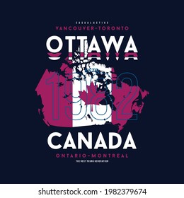 ottawa, canada with flag on maps  abstract flat graphic t shirt design typography vector illustration casual style