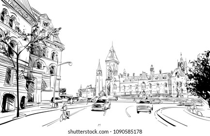 Ottawa. Canada. Hand drawn. Unusual Street sketch, vector illustration