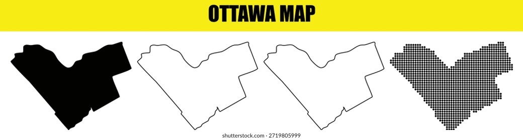 Conjunto de mapas de la ciudad de Ottawa con límites geográficos en múltiples estilos, incluidos puntos de semitono y contornos simples para guías de viaje canadienses y diseños de materiales de geografía educativa