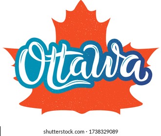 Ciudad de Ottawa. Diseño vectorial del nombre de la ciudad manuscrita. Caligrafía manuscrita de la capital canadiense con hojas de arce rojas. Puede utilizarse para el diseño de camisetas, postales, logotipos, pancartas, afiches o textiles.