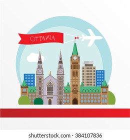 Ottawa detailed silhouette. Trendy vector illustration, flat style. Stylish colorful  landmarks. The concept for a web banner. Centre Block and the Peace Tower - The symbol of Ottawa, Canada