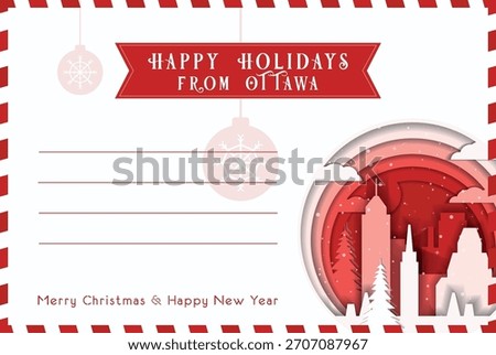 From Ottawa Happy Winter Holidays postal card template. Vector blank postcard illustration for Christmas, New Year celebration with landmarks, message space layout