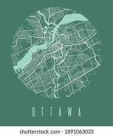 Ottawa map poster. Decorative design street map of Ottawa city. Cityscape aria panorama silhouette aerial view, typography style. Land, river, highways, avenue. Round circular vector illustration.