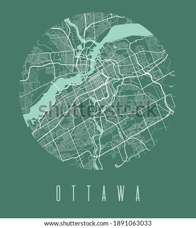 Ottawa map poster. Decorative design street map of Ottawa city. Cityscape aria panorama silhouette aerial view, typography style. Land, river, highways, avenue. Round circular vector illustration.