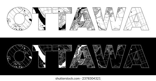 Ottawa Ontario City Name (Canadá, Norteamérica) con mapa de ciudades blancas negras vector de ilustración