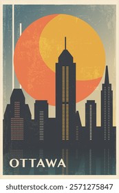 Ottawa retro city poster with abstract shapes of skyline, buildings. Canada, Ontario province vintage travel vector illustration, cityscape at sunrise, sunset