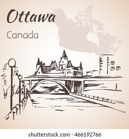 Ottawa Rideau Canal courtesy.Ottawa and map. Isolated on white background