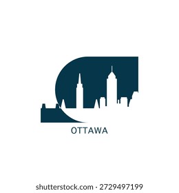 Ottawa vector icon with skyline, panoramic view, city shape. Canada, Ontario province landmarks logo concept. Blue flat isolated graphic, badge