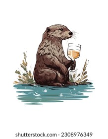 Otter animal drinking wine Illustration design, 
