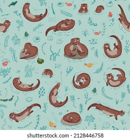 Otter animal vector seamless pattern