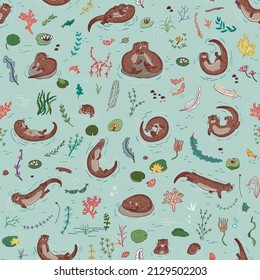 Otter animal vector seamless pattern