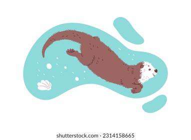 Otter aquatic mammal animal character swimming in water, flat vector illustration isolated on white background. Sea otter cute character in blue water splash.