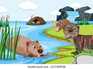 An otter with beavers and a tortoise in the forest background illustration