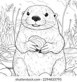 Páginas de coloreo Otter, Black and White para niños, líneas simples, estilo de dibujos animados, feliz, lindo, divertido, animal en el mundo