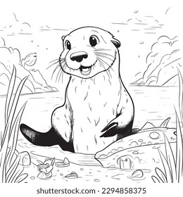 Otter, Black and white coloring pages for kids, simple lines, cartoon style, happy, cute, funny, animal in the world