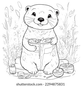 Otter, Black and white coloring pages for kids, simple lines, cartoon style, happy, cute, funny, animal in the world