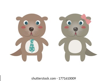 Otter boy and otter girl vector illustration cartoon isolated on white background.
Cute otters vector cartoon. 