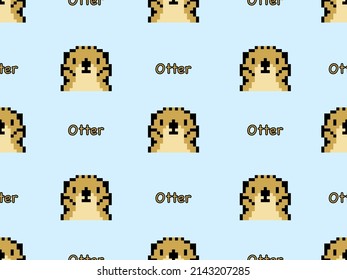 Otter cartoon character seamless pattern on blue background.Pixel style