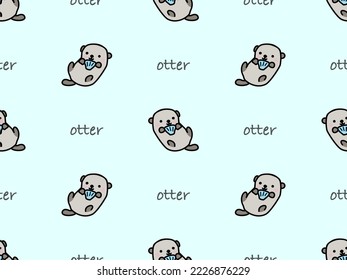 Otter cartoon character seamless pattern on blue background