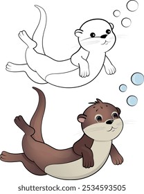 Otter cartoon drawing and otter line drawing. Otter coloring page.