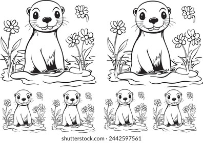 otter  cartoon style coloring book for kids, family nice otter, thick line, white and black