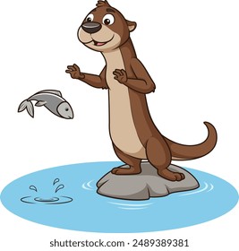 Otter character catching fish vector illustration