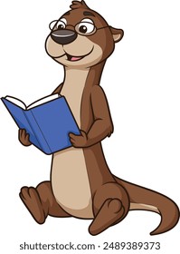 Otter character reading book vector illustration