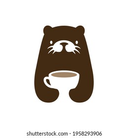 otter coffee cup drink negative space logo vector icon illustration