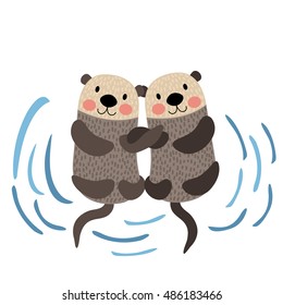 Otter couple holding hands animal cartoon character isolated on white background.