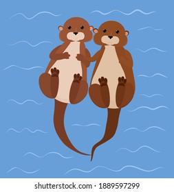 Otter couple resting swims holding by paws in blue river. Cartoon water animal vector illustration.