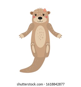 Otter cute animal character female white background isolated vector cartoon trendy style