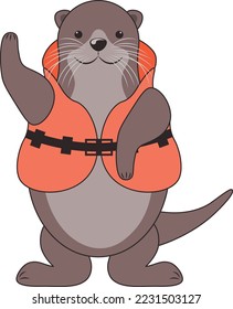 Otter. Cute smiling otter in an orange life jacket. Otter rescuer waves his paw. Cute cartoon animal. Vector illustration isolated on a white background