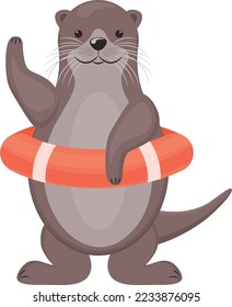 Otter. Cute smiling otter in an orange lifebuoy Otter rescuer waving his paw. Cute cartoon animal. Vector illustration isolated on a white background