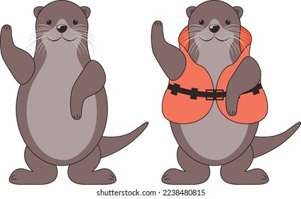 Otter. Unas nutrias sonrientes en una chaqueta de vida naranja y sin chaleco. El salvador de la nutria sacude su garra. Un animal lindo de dibujos animados. Ilustración del vector aislada en un fondo blanco