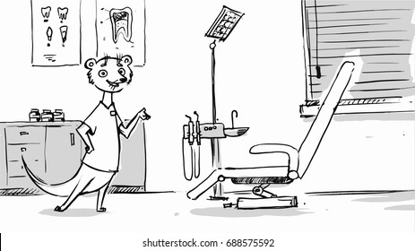 Otter in the dental clinique presenting innovation technology. Vector for cartoon, storyboard, projects