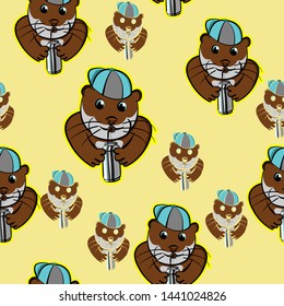 otter drinking canned with cup, pet cute funny make hat in head cartoon, beaver animals  seamless pattern with yellow background