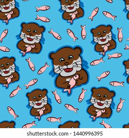 otter eat fish funny animals  pet cute, beaver feeding fish with modern blue background seamless pattern