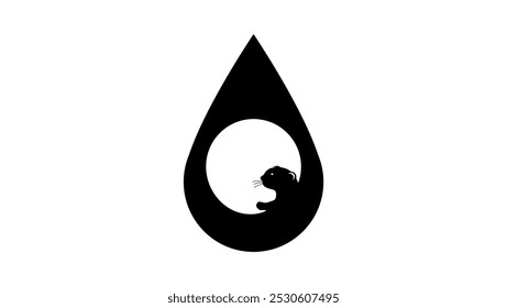 Otter emblem in water drop, black isolated silhouette