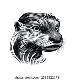 Otter engraving sketch black and white. Vector EPS 10, 3 colors.