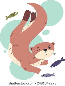 Otter With Fish Vector Illustration