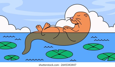 Lontra flutuando de costas em um lago azul calmo, cercado por almofadas de lírio e sob um céu claro com nuvens fofas para livros infantis, decoração infantil, conteúdo educativo desenho animado ilustração vetor