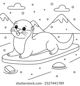 Otter floating on a piece of ice outline coloring page. Christmas and Winter Illustration 