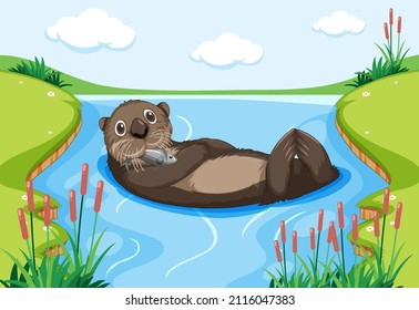 Una nutria flotando en el agua en la ilustración del bosque