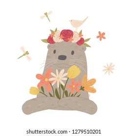 Otter in floral wreath holding flowers. Spring or Summer concept. Cartoon handdrawn style. Vector illustration. 