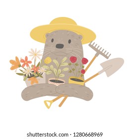 Otter gardener holding flowers and gardening tools. Spring or Summer concept. Cartoon handdrawn style. Vector illustration. 