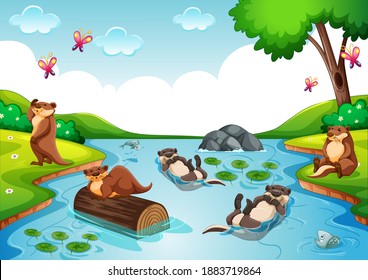 Otter group in the forest scene illustration