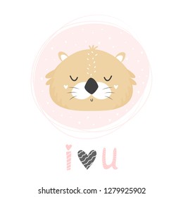 Otter hand drawn face. Vector character. Baby print, textile, book, baby shower template card