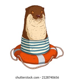 An otter in a lifebuoy, isolated vector illustration. Funny anthropomorphic otter wearing a sailor's striped shirt and using a life preserver. Humanized animal character. Safety on the water concept.